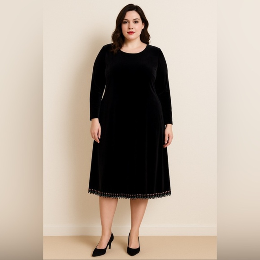 Velvet Beaded Hem‎ Vintage Ronni Nicole II Black Dress 16W 90s Evening Cocktail